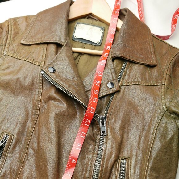 100% Leather Brown Moto Jacket Lined Two Zippered Pockets Adjustable Side Stra - Picture 2 of 7